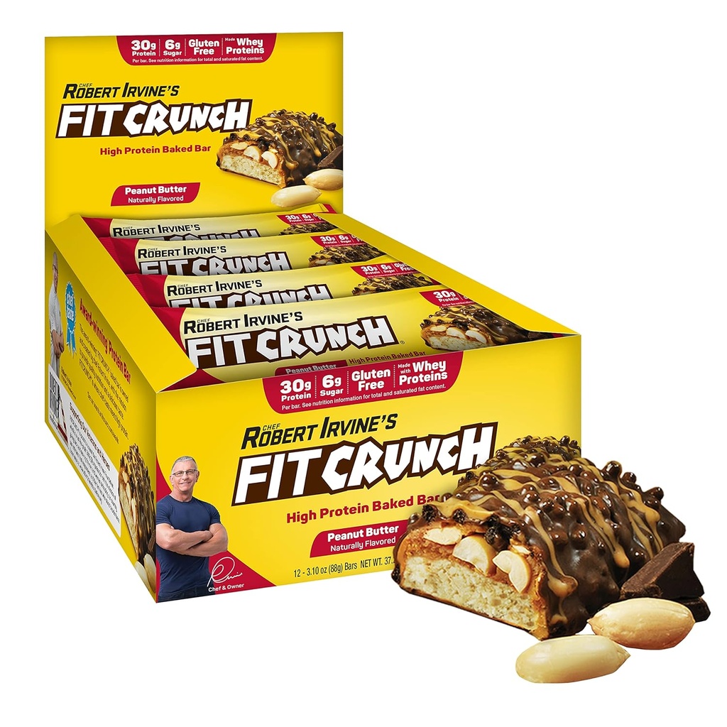 FITCRUNCH Pell Size Protein Bars, 6-warstwowy piekarnik, 6g cukru, Gluten Free & Soft Cake Core (12 barów, masło orzechowe)
