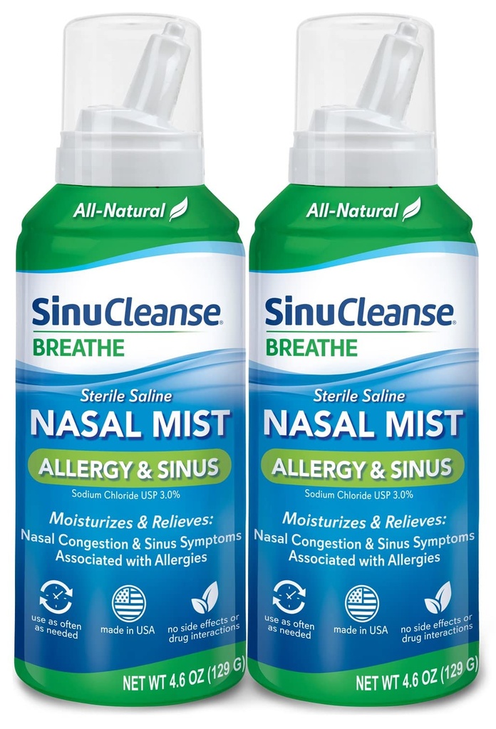 SinuCleanse alergy & Sinus Steryle Saline Nasal Spray, Ultra Fine Mist, natychmiast nawilża i łagodzi ciężkie zatory nosa ze względu na alergie, 4.6 Oz (2 Pack), Made in USA