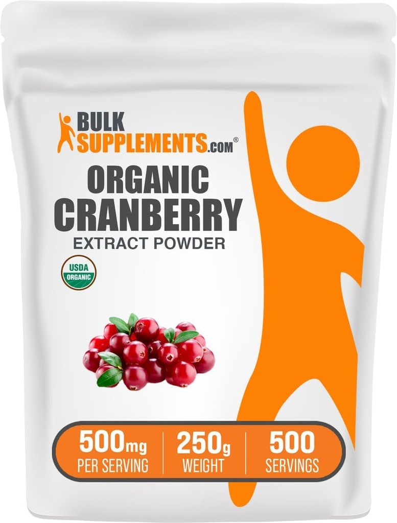 BulkSupplements.com Organic Cranberry Extract Powder - Organic Cranberry Flavoring Powder, Sourced from Vaccinium Macrocarpon Fruit - Vegan & Gluten Free, 500mg per Serving, 250g (8.8 oz) (Opakowanie po 1)