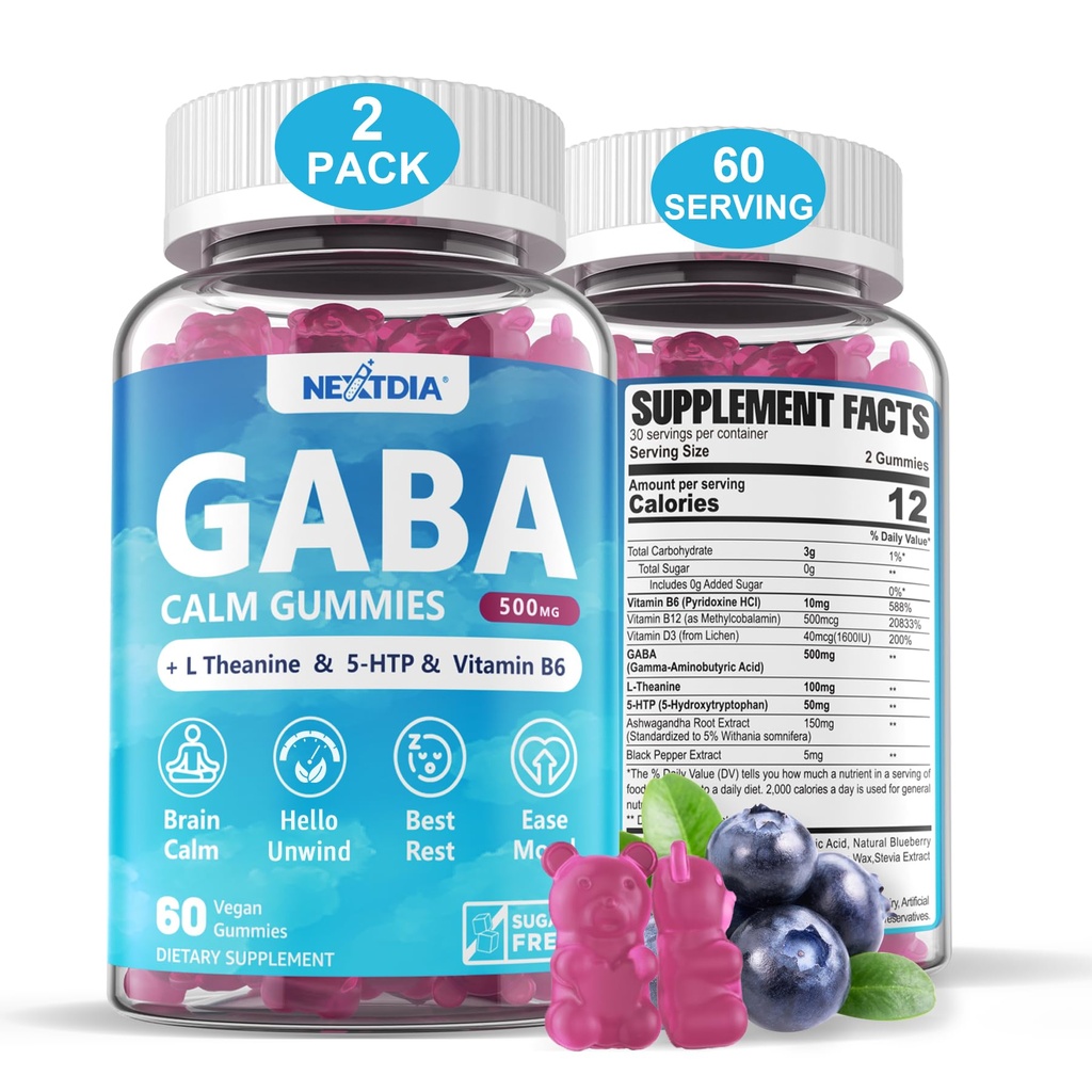 GABA Gummies 500 mg - Gummes bezcukrowy spokój z L Theanine, 5- HTP, Witaminy D3, B12, Ashwagandha, Melatonin - Wolny dla mózgu Spokój, Nastroj, Zzz Better, suplement GABA dla dorosłych, Blueberry Flavor, Wegan