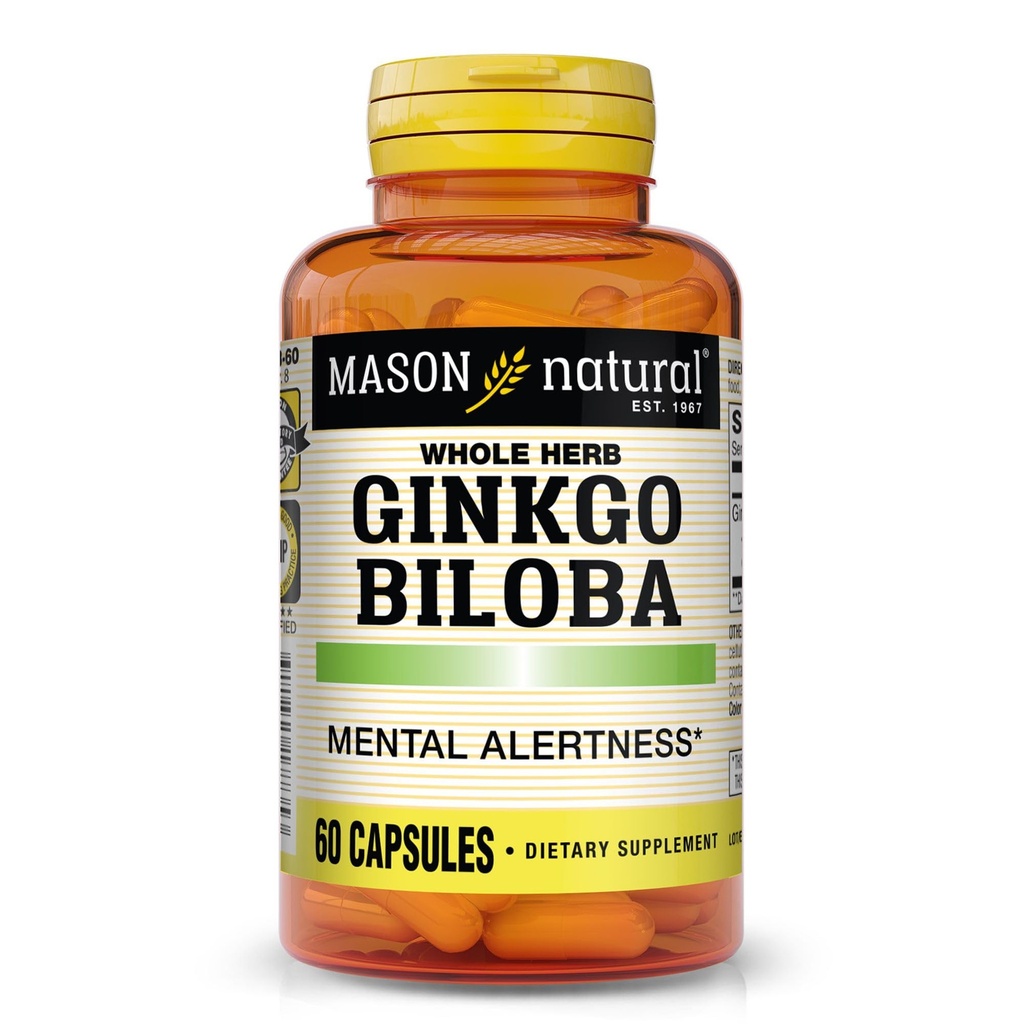 Mason Natural Ginkgo Biloba, 1 Miesiąc dostaw, Pomaga poprawić psychiczną alertywność & Wsparcie Optymalne funkcje mózgu, 60 Kapsułki