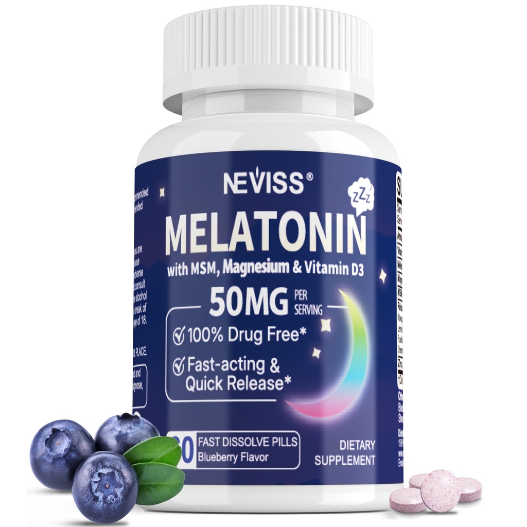 Melatonina 50 mg dla dorosłych - Dodatkowa siła 9- in-1 Szybkie rozpuszczenie podjęzykowe - w / Witamina D3 & MSM, Relaxing Herbal Blend- Ashwagandha, Lemon Balm, Passionflower, Rumianek, Cukier wolny, Wegan 60 Służenie