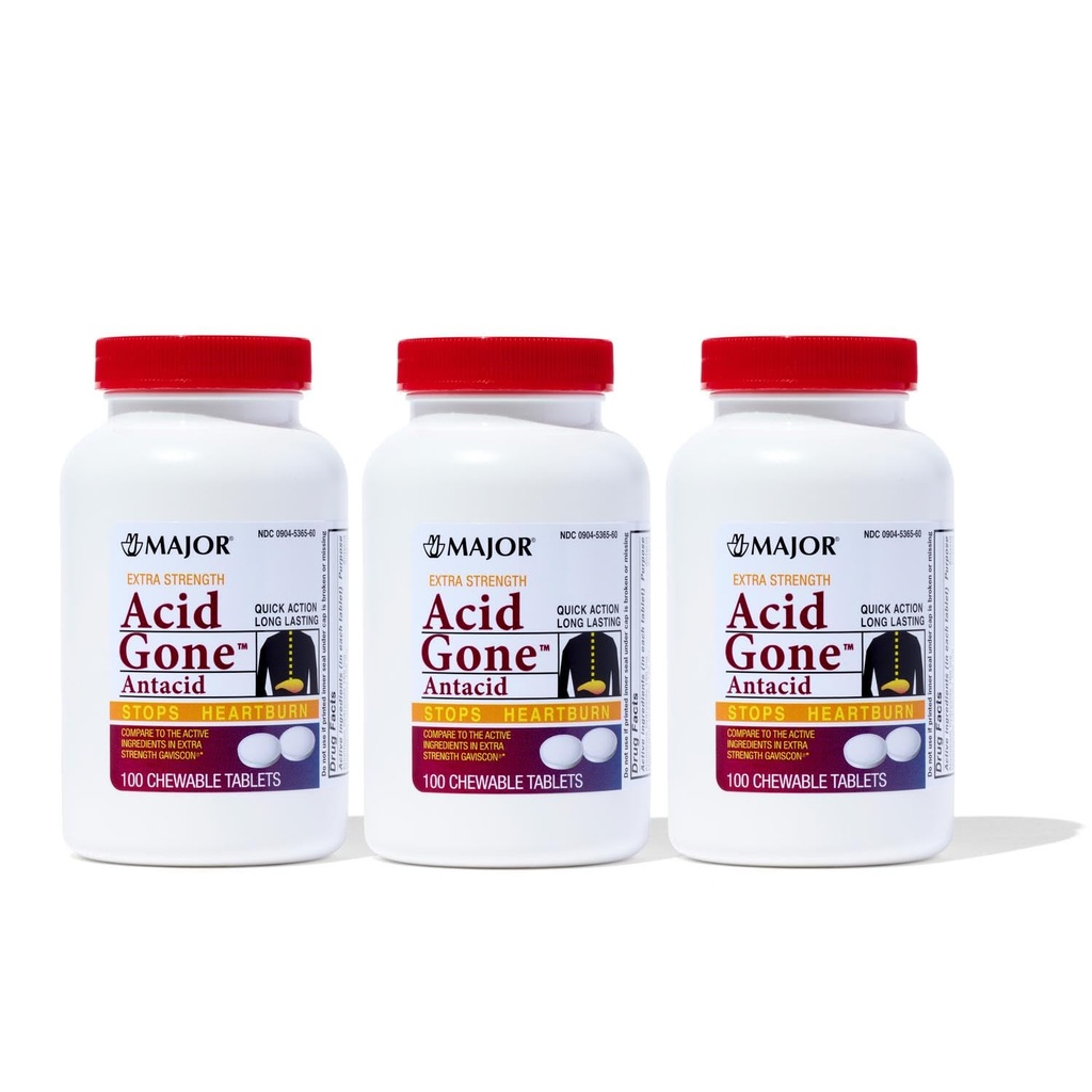 Major Acid Gone Extra Strength Antacid Chewable Tablets - Anti- Acid Relief - Acid Reflum Medicine dla dorosłych - Zdenerwowane żołądki, Niestrawność kwaśna, i Heartburn Relief - Długotrwałe - 100 Count (3 Pack)