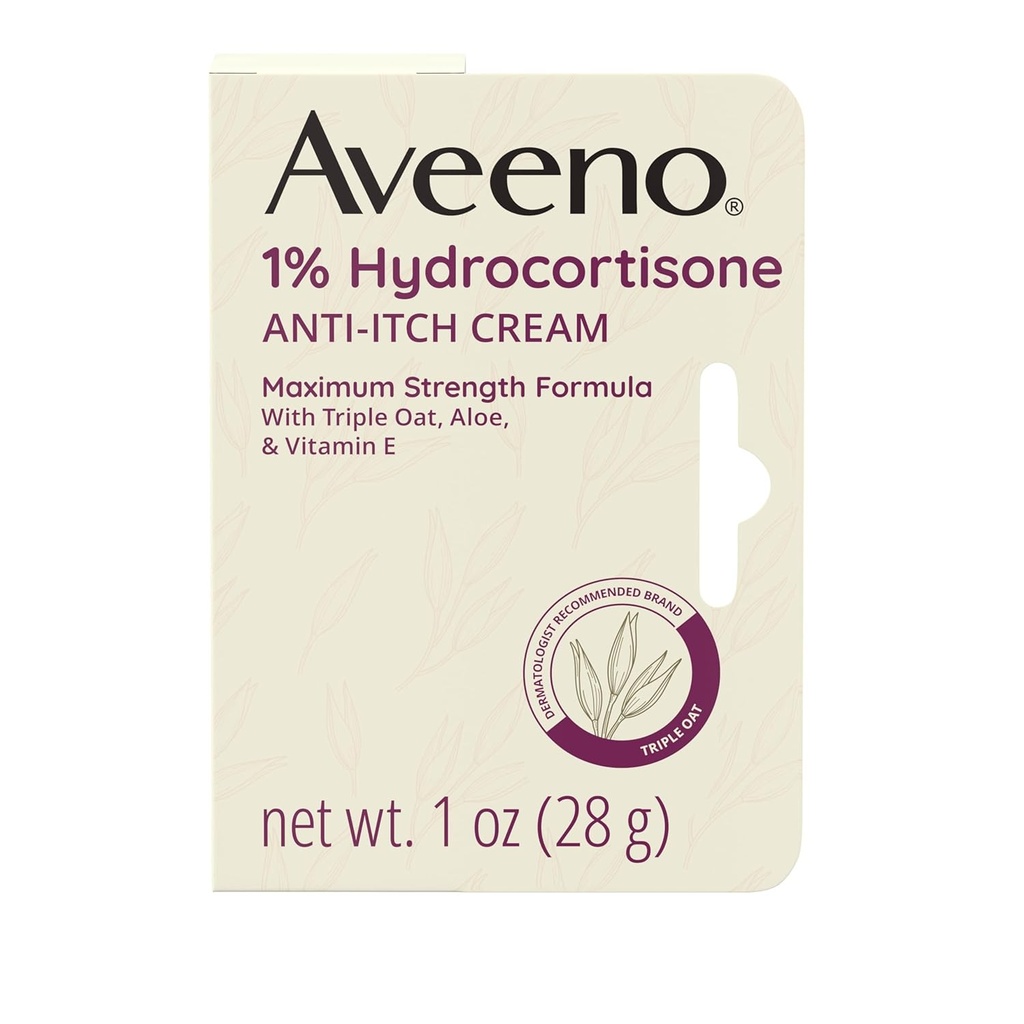 Aveeno Maksymalna wytrzymałość 1% Hydrokortyzon krem przeciwswędzeniowy, Triple Oat, Aloe & Witamina E For Itch Relief from Eczema, Łuszczyca, Insect Bites, Poison Ivy, Oak & Sumac & Detergents, 1 oz, 2 Pack
