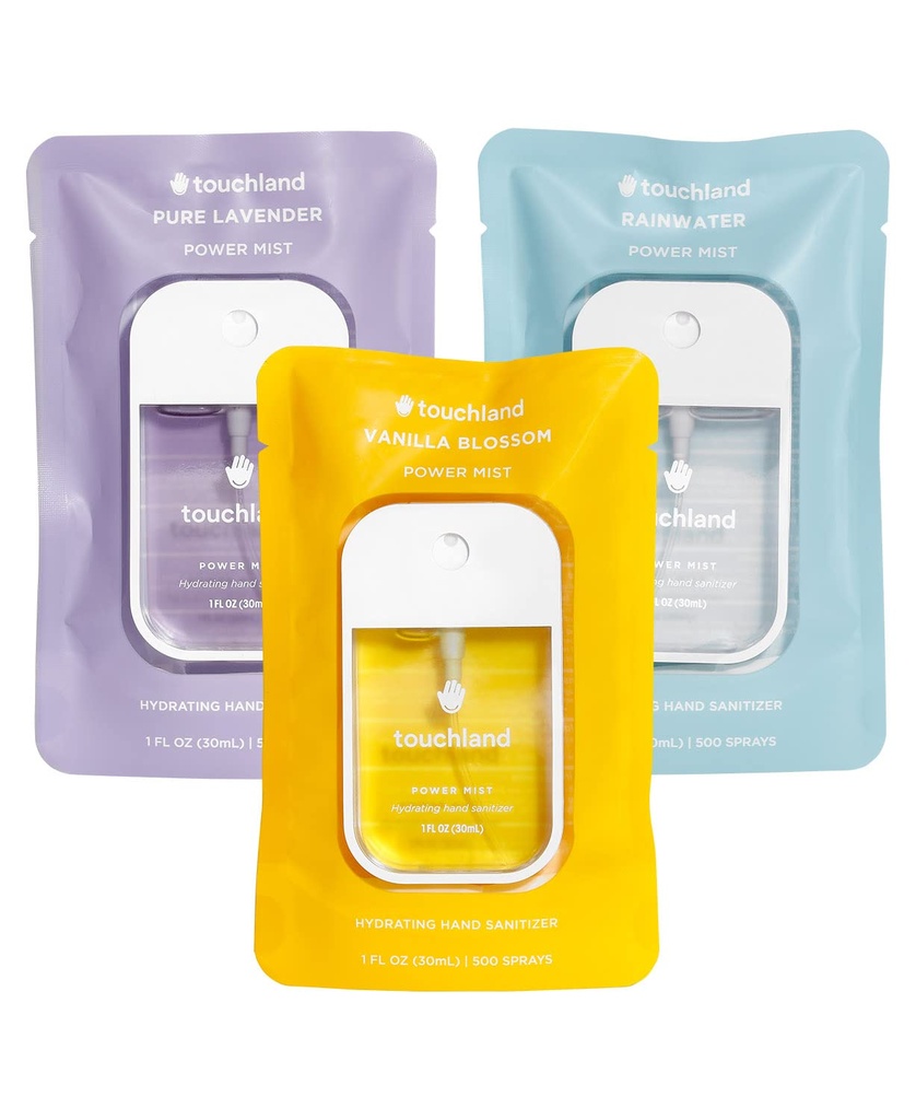 Touchland Power Mist Hydrating Hand Sanitizer Spray, BLOSSOM Trio Set (Lavender, Vanilla, Rainwater), 1 FL. OZ. Rozmiar podróży (Zestaw 3)