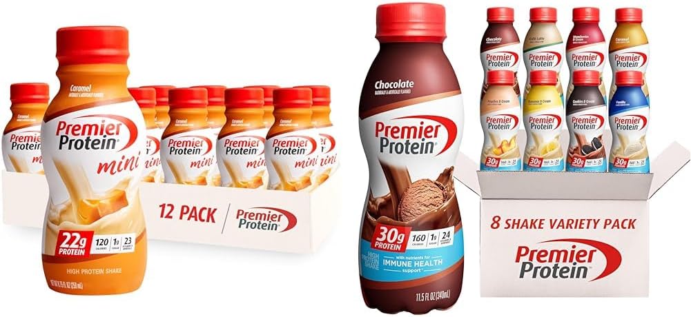 Premier Protein Shake MINIS Karmel 22g Białko 120 Calorie Opakowanie 12 & Białko Shake 8 Flavor Variety Pack 30g Białko 24 Witaminy i minerały