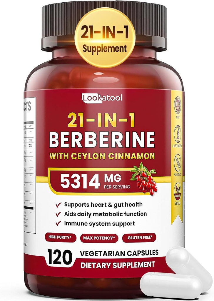21- in-1 Suplement berberyjski z Ceylon Cynamon - 1500mg Organic Berberine HCL Phytosome, 5X Wyższa Absorpcja dla wsparcia metabolizmu 100 Kapsułki