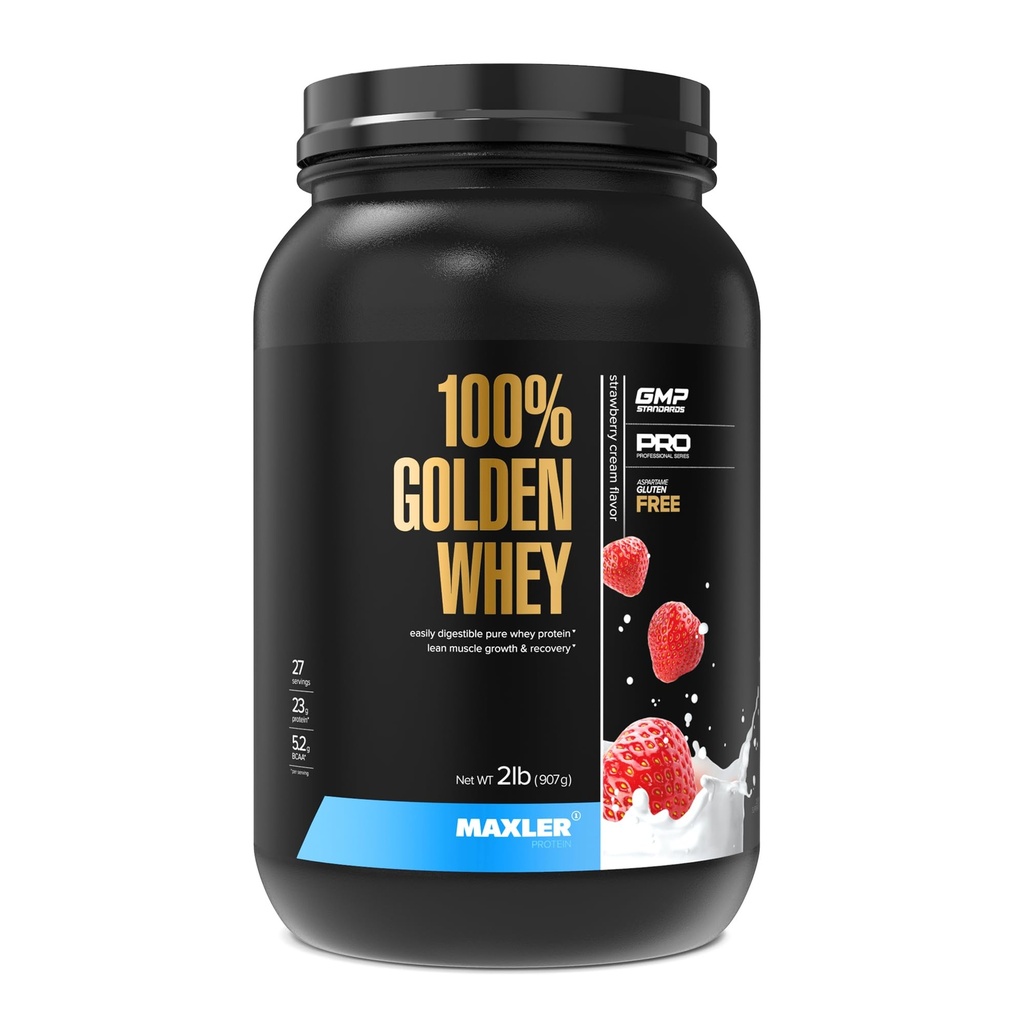 Maxler 100% Golden Whey Protein - 23g protein per serving - Premium protein serwatkowy proszek do przygotowania wstępnego - Fast- Absorbujący koncentrat serwatki, izolacja i mieszanka hydrolizatu - krem truskawkowy 2 lb
