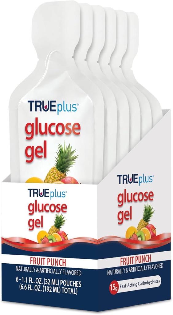 TruEplus Glukoza żel Pouch, Fruit Punch Flavor, 15 g Szybkodziałające węglowodany, Tłuszcz wolny, Gluten wolny, Szybkie wsparcie dla niskiego cukru i energii krwi, 6 Pack