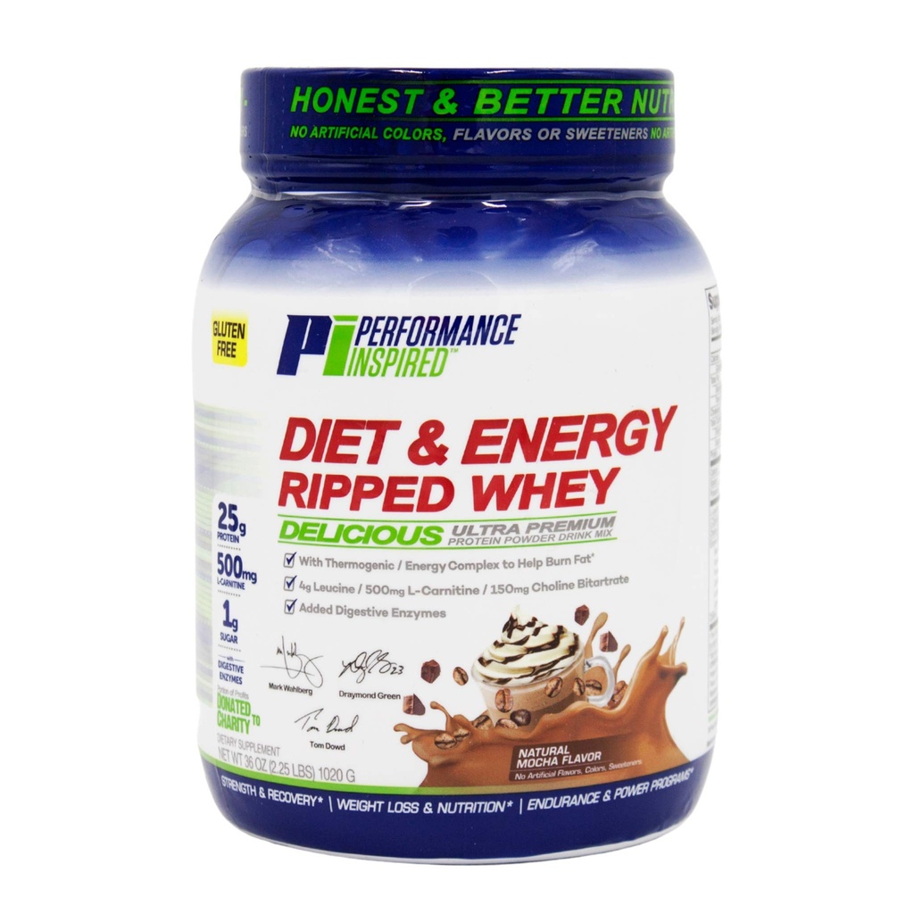 Performance Inspired Nutrition Ripped Whey Protein - 25G Protein - 4G Leucine - L- Carnitine - Green Tea Extract - Mocha - 2,25 lbs