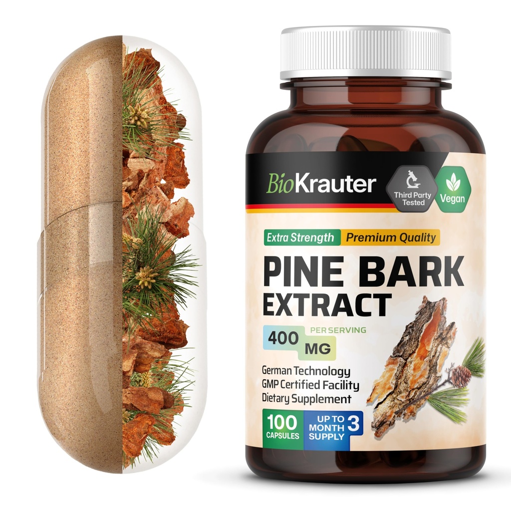 BIO KRAUTER Pine Bark Extract kapsułki 400 mg - 100 Count - Antioksydant Supplement - 95% Proantocyanidyny - Pine Bark Supplement - Vegan, No Fillers
