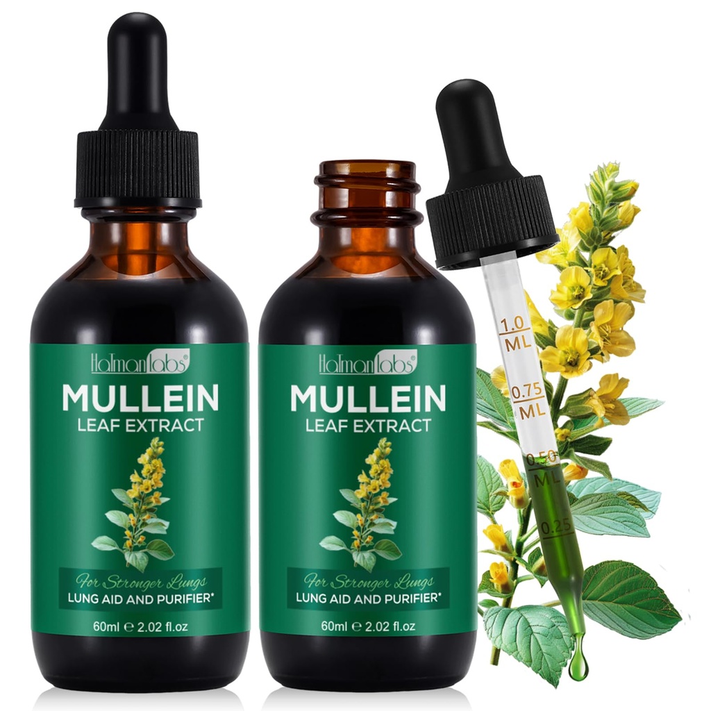 Ekstrakt Mullein Leaf dla płuc, Mullein Drops dla płuc, Support Lung, funkcje oddechowe dla zdrowego oddychania, Poprawa funkcji płuc, Natural & Safe Supplement (2 PC)