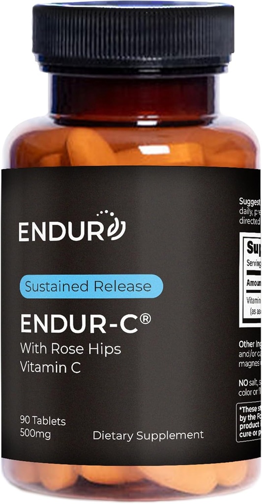 Endur ENDUR- C Witamina C z Rose HIPS, Wspiera produkcję kolagenu, Antyoksydant Protection & Gentle Trawienie, Gluten Free, 500mg (90 tabletek)