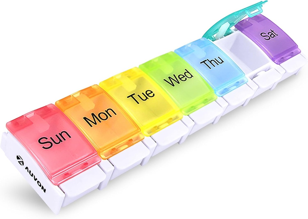 AUVON Cotygodniowy Pill Organizer Artretyzm Przyjazny, BPA Bezpłatne Podróże 7 dzień Pill Box Case z Spring Open Design i duży komplet do trzymania witamin, Cod Liver Oil, Suplementy i Leki