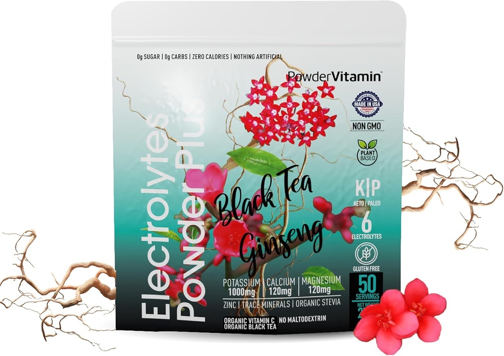 Proszek PowderVitate Electrolytes Plus (50 Servings) Czarna herbata Ginseng Electrolyte Proszek Keto, Cukier wolny, Pink Himalayan Sól, 1000mg potasu, 120mg wapnia, 120mg magnezu, Proszek nawadniający