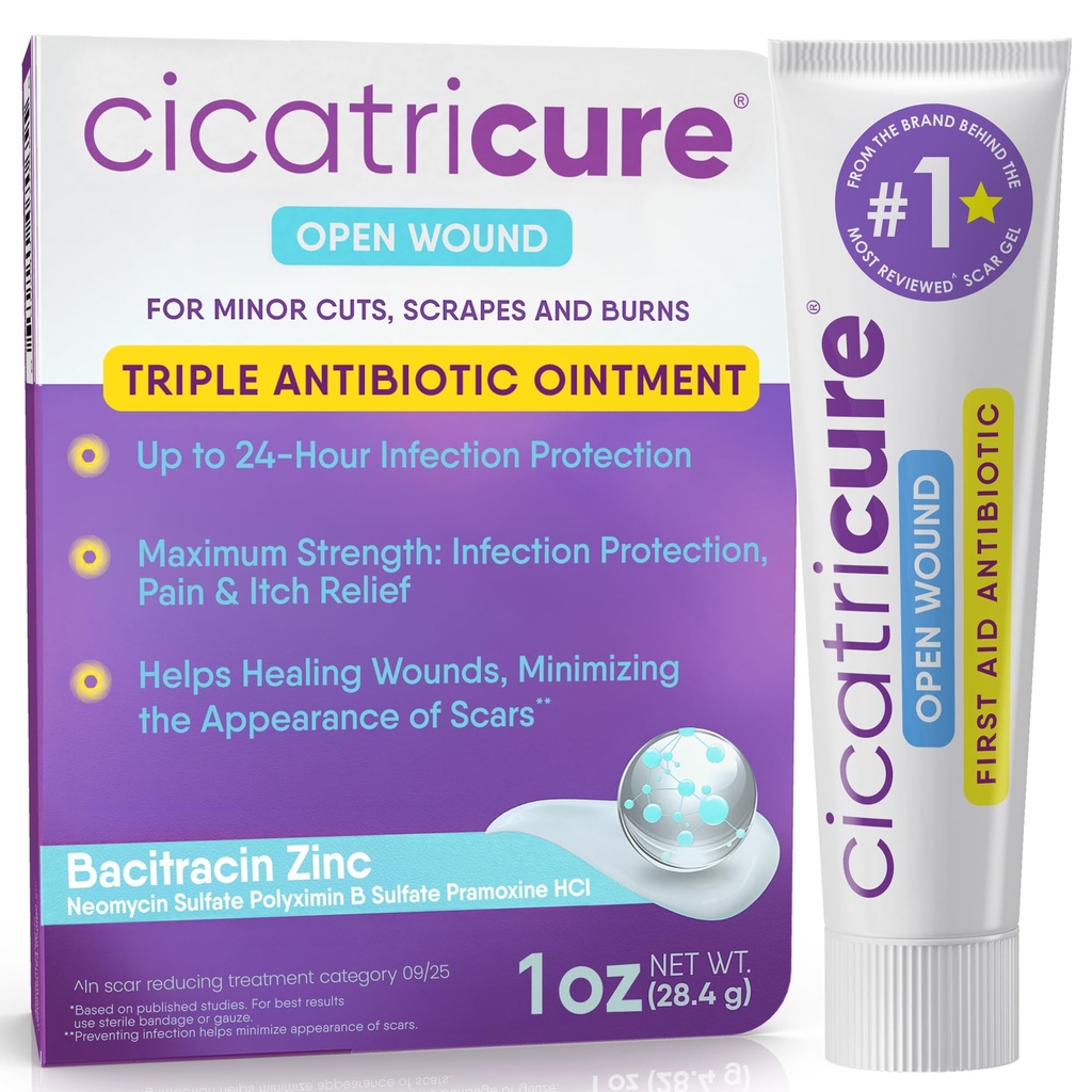 Cicatricure Triple Antibiotic Ointment with Pain Relief, Bacitracin Antibiotic Ointment & Cream for Whound Care, Healing Maintment for Cuts, Burns, Insect Bites, First Aid Supplies Essential, 1 oz