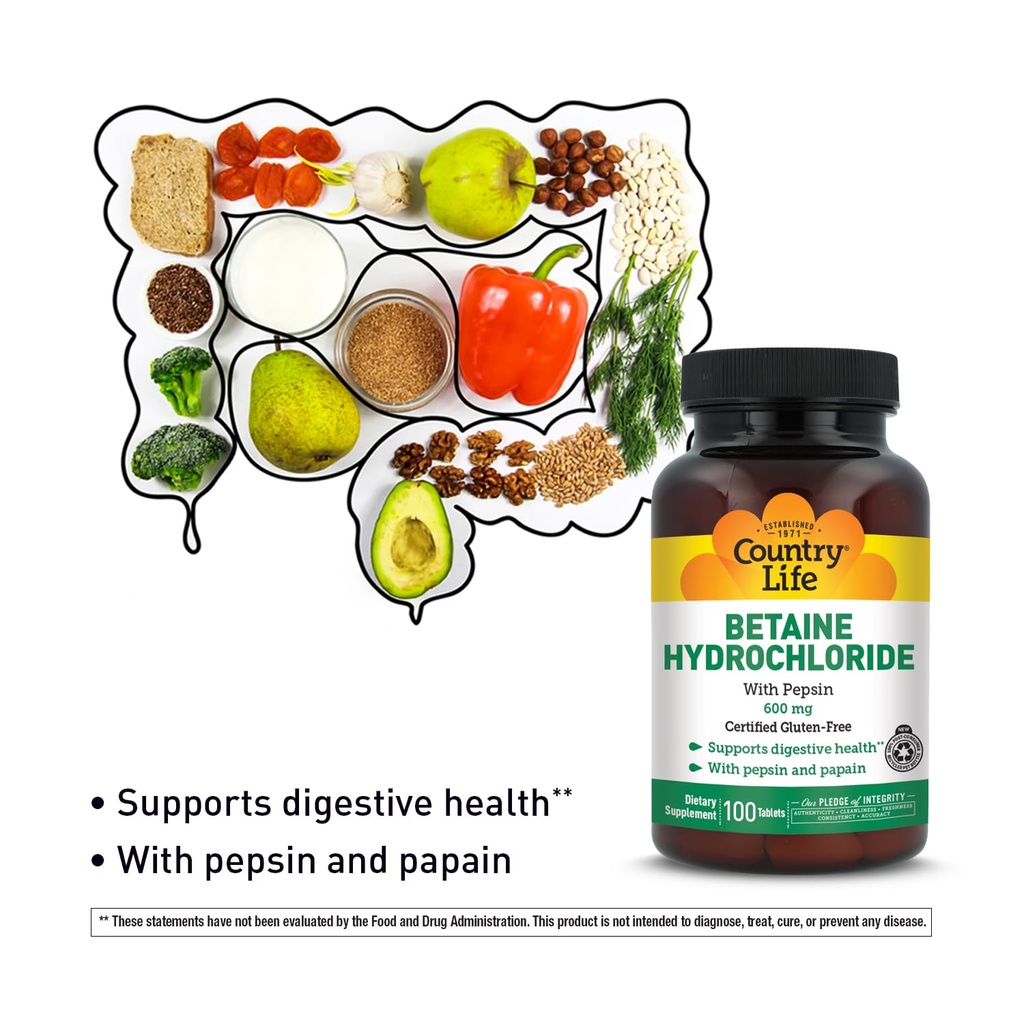 Country Life Betaine Hydrochloride with Pepsin, 600mg, 100 Tablets, Certified gluten Free