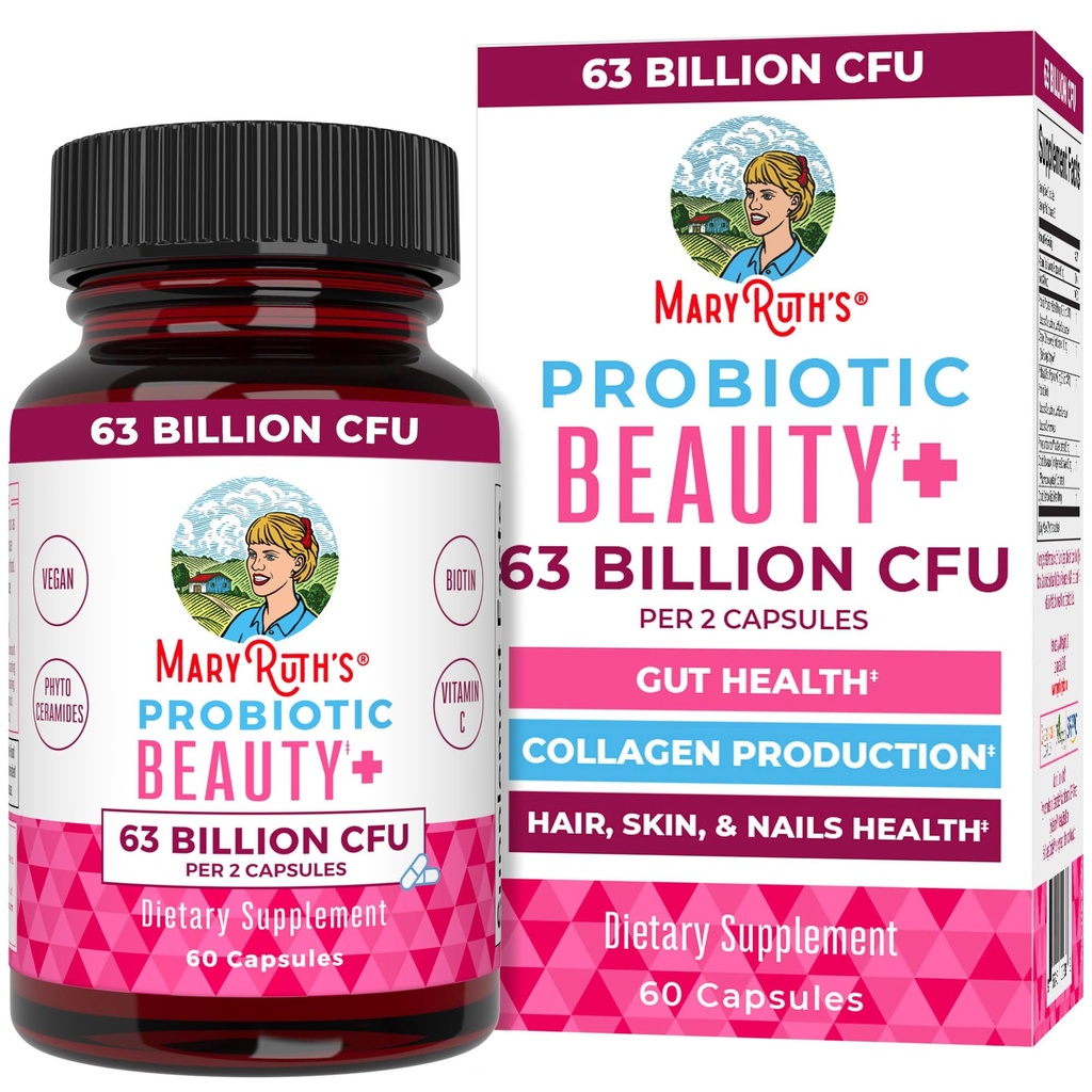 MaryRuth Organics Probiotic Beauty Kapsułki 124; Wegan Collagen Support 124; Anti Aging 124; Gut Health 124; Hair Skin and Nails Vitamins 124; Skin Care 124; Biotin 124; Non-GMO Projekt zweryfikowany 124; 60 Count
