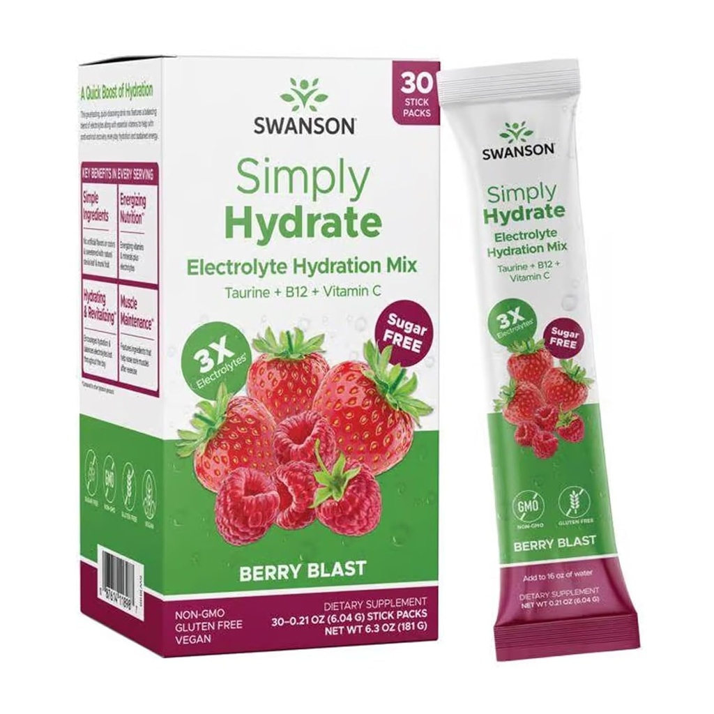 Swanson Simply Hydrate Electrolyte Powder Mix - Bezcukrowy napój z 0 Kalorii - Wygodny On- The- Hydration Powder - Advanced Electrolyte Drink Mix - Berry Blast Flavor - 30 Pakiety