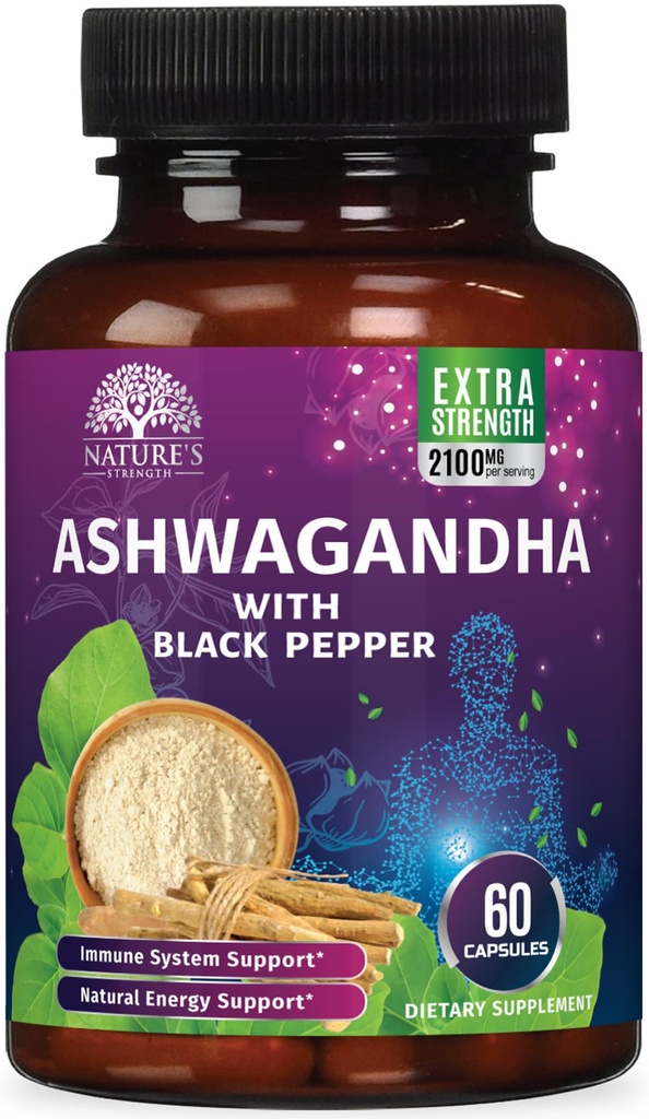 Aszwagandha Suplementy 2100mg - Ekstrakt Aszwagandha Proszek & Korzeń z Black Pepper dla Max Wchłanianie, Ziołowe suplementy przeciwutleniacze dla kobiet i mężczyzn, Wegan, Non-GMO - 60 Kapsułki