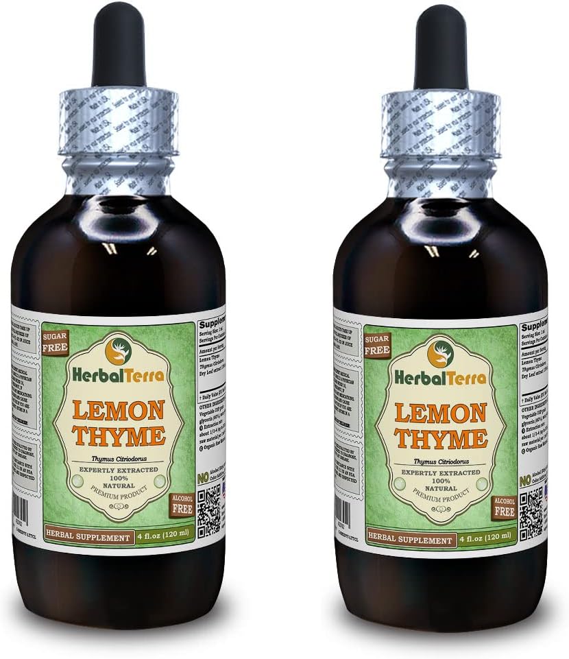 Tymianek cytrynowy (Thymus x Citriodorus) Gliceinit, Organiczny suchy ekstrakt płynny ziołowy (Nazwa marki: HerbalTerra, Proudly Made in USA) 2x4 fl.oz (2x120 ml)