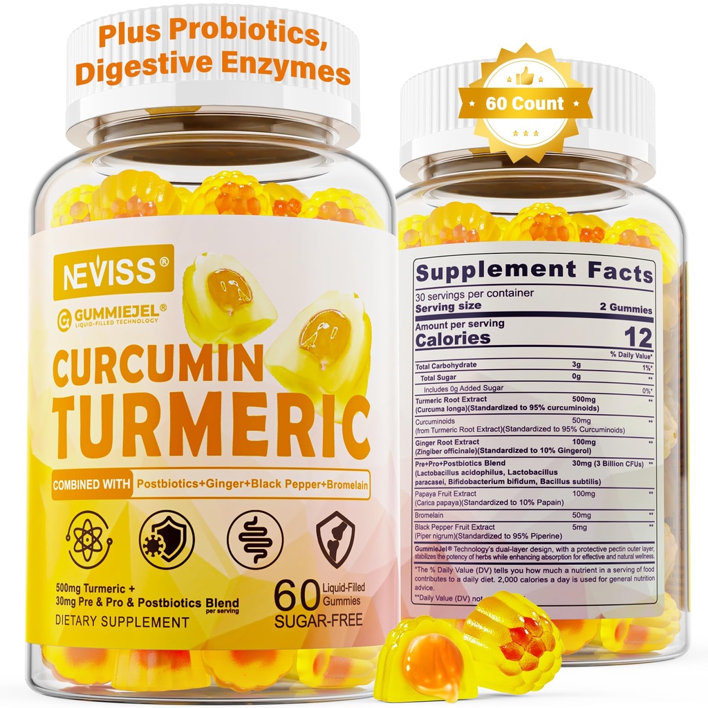 Kurkumina bez cukru Kurkumina Wypełniona Gumiaki 550mg dla dorosłych, Ginger & Black Pepper 124; 95% Kurkuminoidy w / Prebiotic Probiotic & Postbiotic Mieszanka, Wsparcie immunologiczne i pokarmowe zdrowia, Wegan, 60 Hrabia