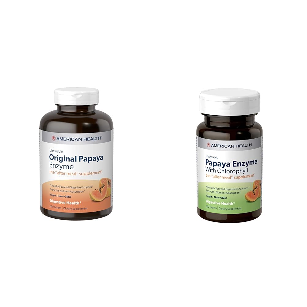 American Health Papaya Digestive Enzym Chewable Tablets Bundle - Oryginalny 600 Hrabia i z chlorofilem 100 Hrabia
