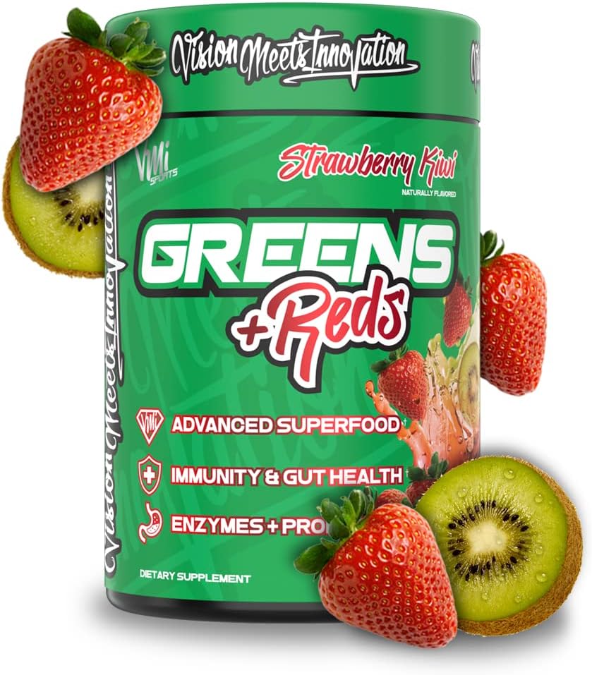 VMI Sports Zielone + Czerwone Zaawansowany Immunitet Superfood i Gut Zdrowie 124; Enzymy i Probiotyki 124; 30 Sługi (Truskawka Kiwi)