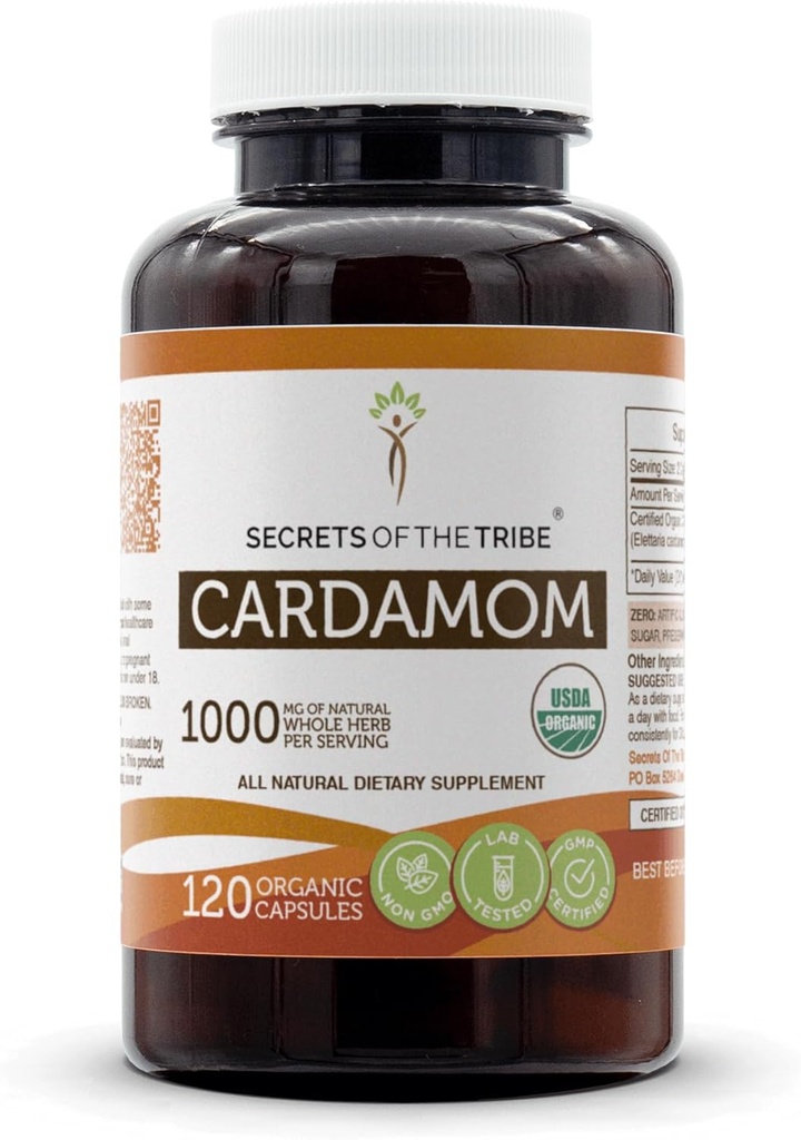 Tajemnice Tribe Cardamon USDA Kapsułki organiczne 124; Certified Organic Vegetarian Kapsułki, Herbal Dietary Supplement Supplement 124; Elettaria cardamomum Dried Pod (120 Count)