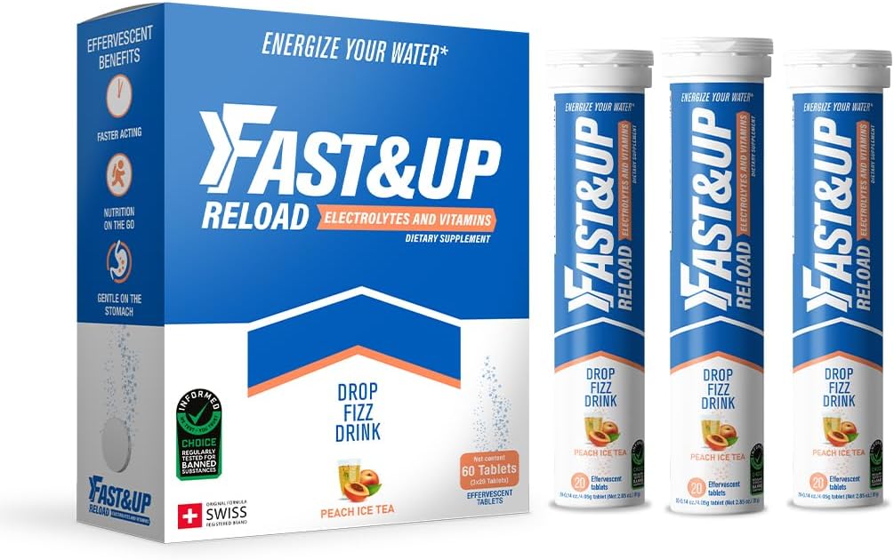 FAST & UP Reload - Natychmiastowe nawodnienie i uzupełnienie elektrolitów - Saver Multipack - 60 tabletek musujących (Peach Ice Tea)