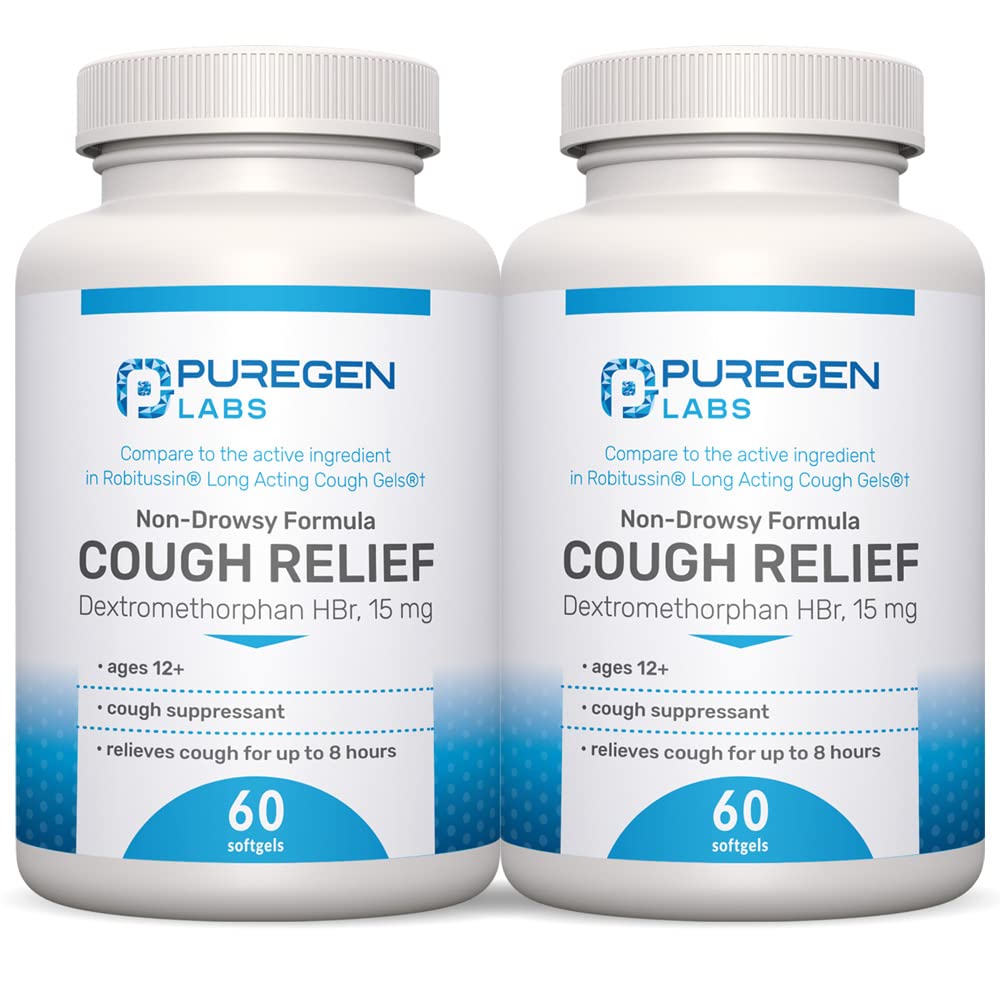 P Puregen Labs Cough Relief dla dorosłych Dekstrometorfan HBr 15mg (120 Softgels) 8- Hour, Non- Drowsy, Długoterminowy Bronchial Suppressant 124; Wiek 12 + 124; Porównaj z Robafen i Robitussin 2Pack