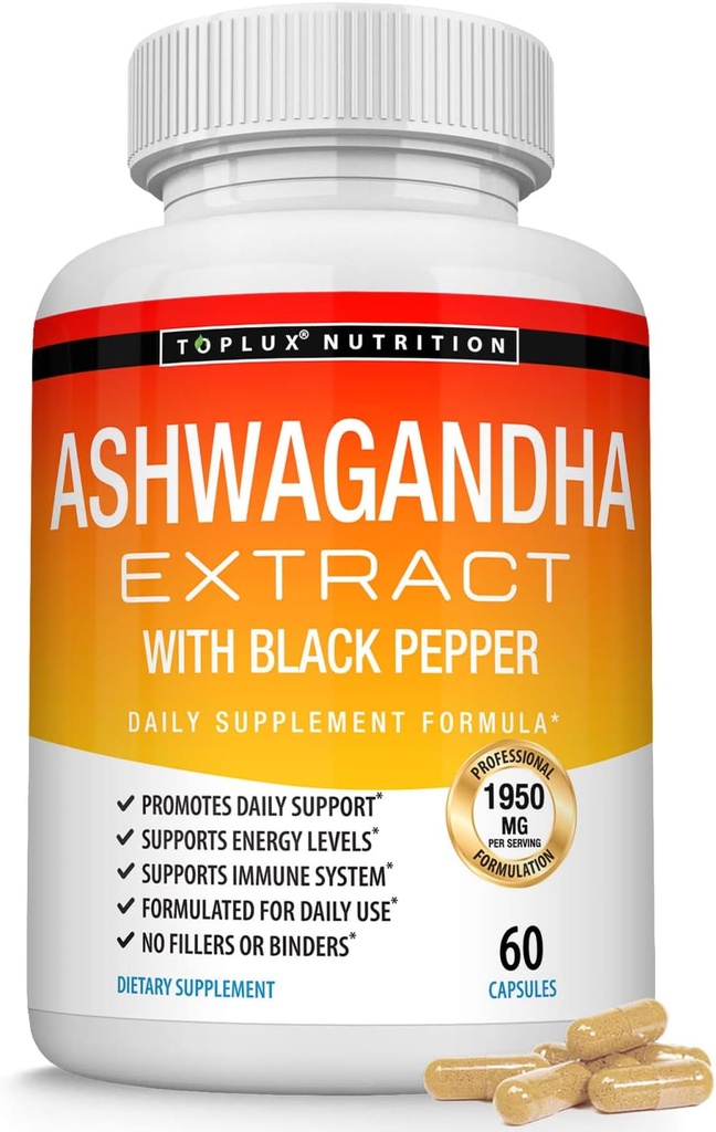 Organiczny Ashwagandha Pigułki proszku korzennego 1950 Mg z ekstraktem Black Pepper - Pure Natural Ashwagandha Suplement, Wsparcie energii, dla mężczyzn Kobiety, 60 Kapsułki
