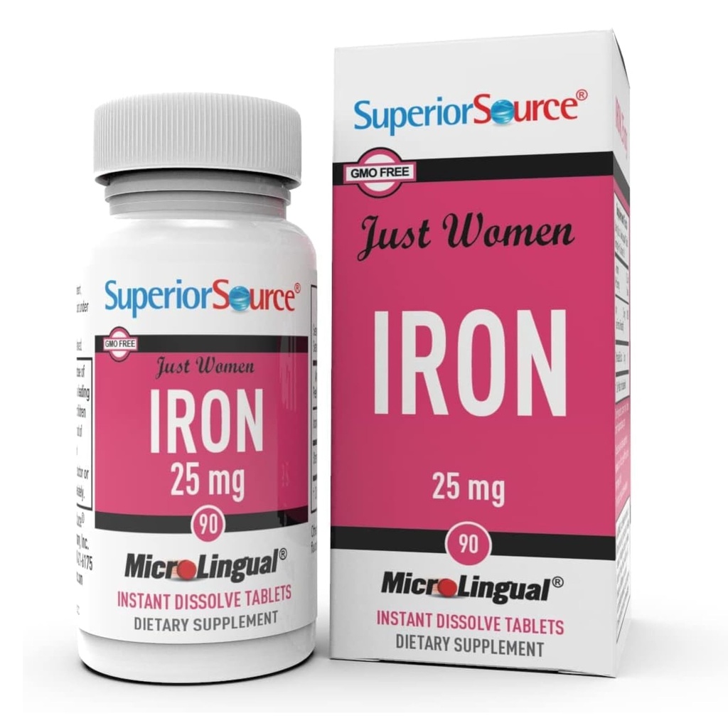 Superior Source Just Women Iron 25 mg - Żelazny suplement do spalin dla kobiet - Żelazo suplement wspomaga ogólne zdrowie - Formuła Aids Against Toast Discomfort - 90 Instant Disolve Tablets