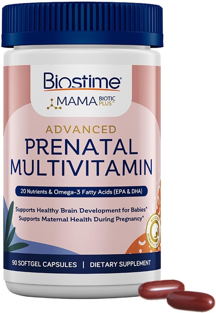 Biostime Zaawansowane witaminy prenatalne dla kobiet 124; 20 Składniki odżywcze, Multivitamina, Kwas foliowy, Żelazo, Prebiotyk i Omega 3 EPA & DHA Kwasy tłuszczowe 124; Ciąża Witaminy & Suplement wsparcia 124; 90 Pigułki Softgel