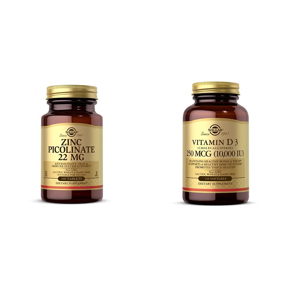 Pikolinian cynku Solgar 22 mg, 100 tabletek - Promuje zdrową skórę - Wspiera system immunologiczny, Normalny T z witaminą D3 (Cholekalcyferol) 250 MCG (10 000 j.m.), 120 Softgels - Pomaga utrzymać zdrowe kości