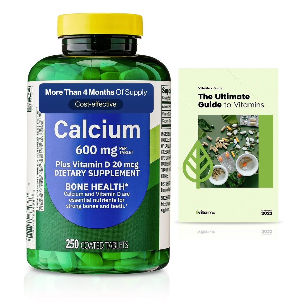 Wiosenna Dolina Wapnia Plus Witamina D Tabletki Suplement diety, Bone Health, VIT D 20 µg, 600 mg, 250 Count + Exclusive VitaMax Witamina Przewodnik (2 przedmioty)