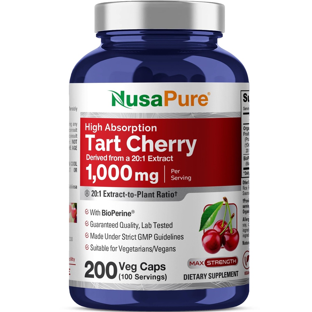 NusaPure Organic Tart Cherry 20: 1 Extract, 1000 mg Ekwiwalent 20 000 mg 200 Veggie Caps (Vegan, Non-GMO) Bioperine