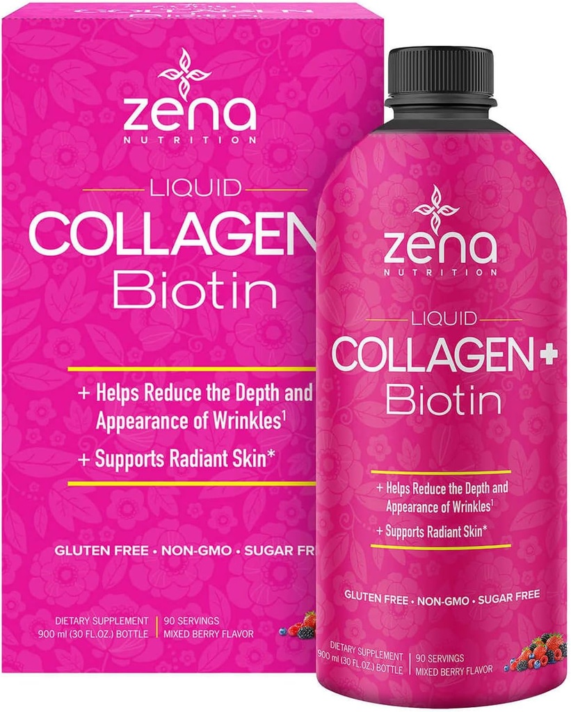 Zena Liquid Collagen + Biotin: 2500mg Collagen, 5000mcg Biotin, Verisol Formula Biotin 124; Włosy, Skóra, Nail & Wspólne wsparcie 124; Non-GMO, Mieszany Flavor Berry 124; 90 Służenie