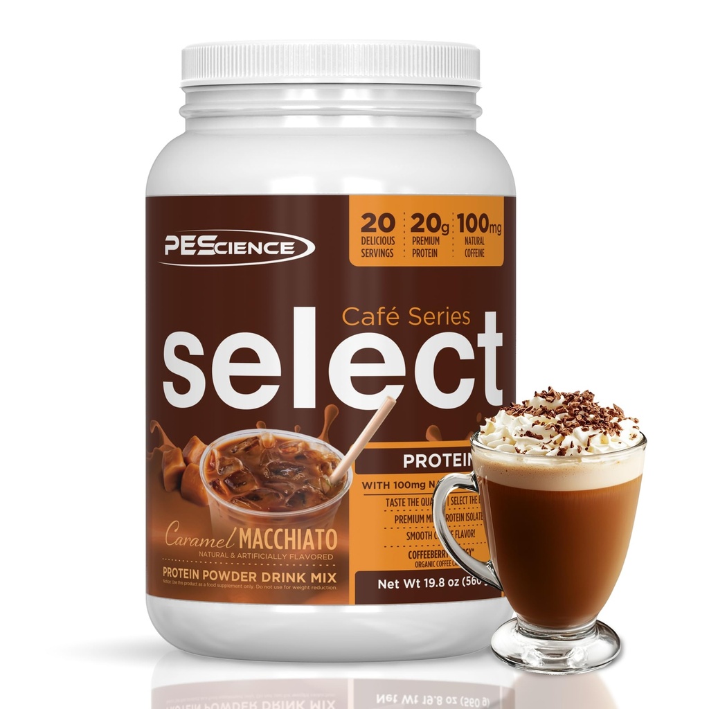 Pescience Select Cafe Protein Kawa aromatyzowany proszek, Karmel Macchiato, 100mg kofeina, 20g Iced Protein Coffee Proszek lub śmietanka, 20 Słupki