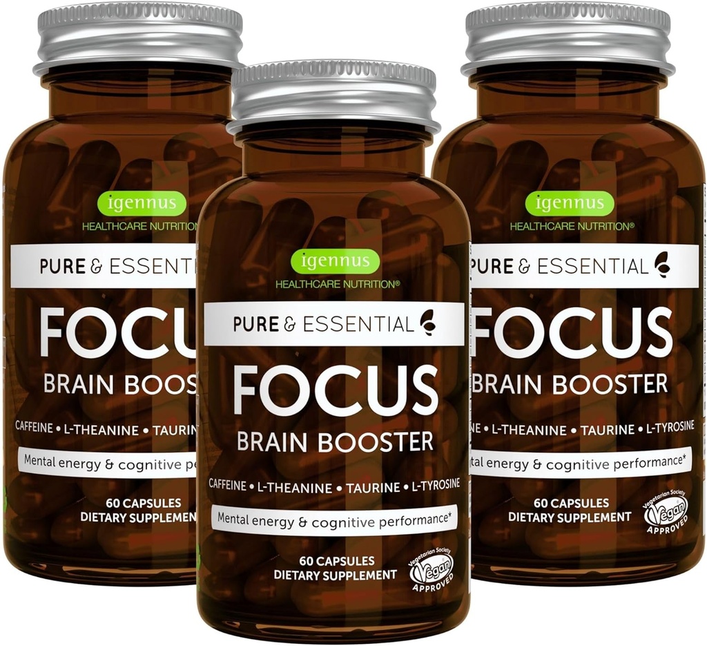 Igennus Focus - Nootropowe z 200mg naturalnej kofeiny, Metylowane witaminy B, L- Theanina, Tauryna, L- Tyrozyna, Czysta Energia, Booster mózgu i Cognitive Performance, Non Jittery, 180 Kapsułki