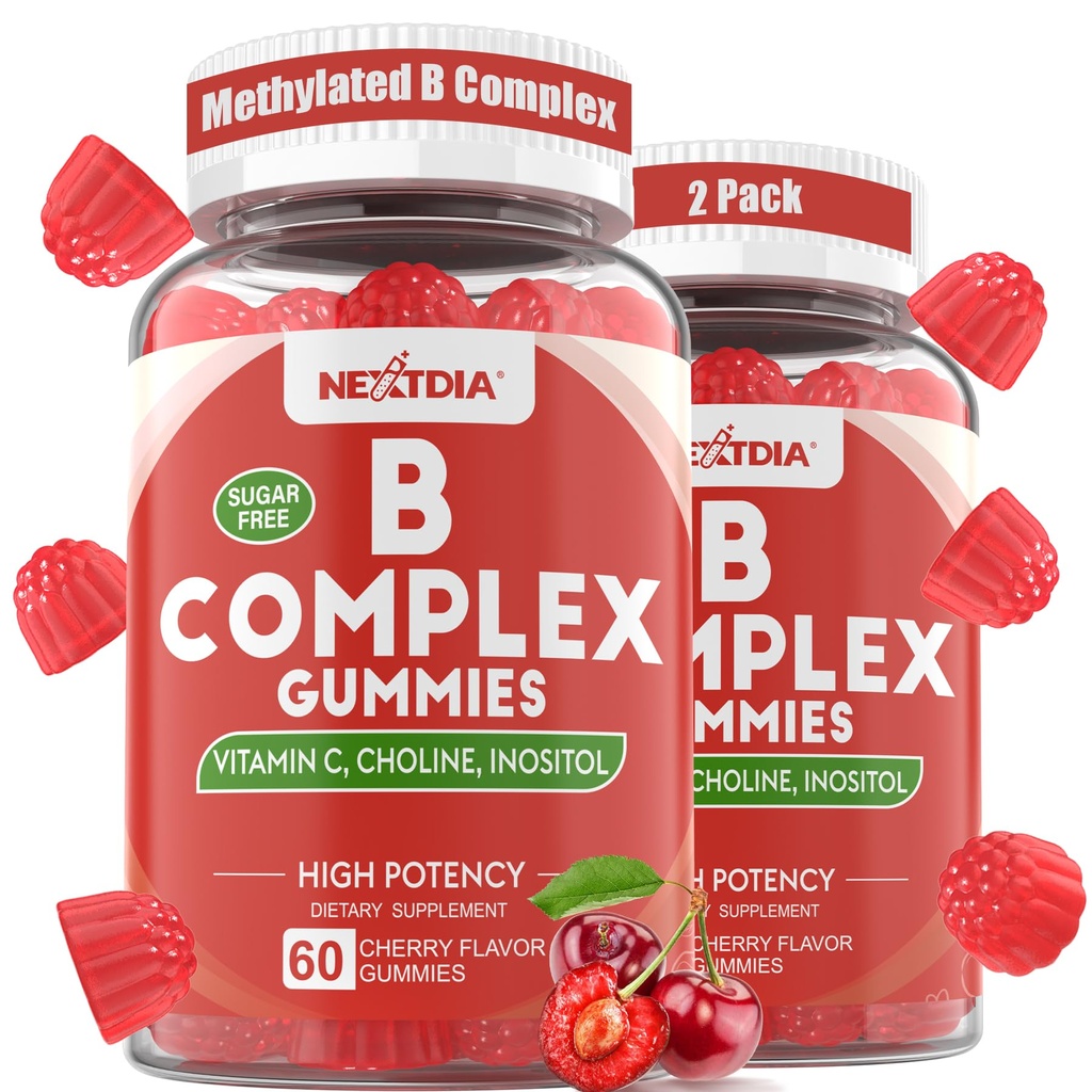Witamina B Gummeje złożone, Wegańskie Gummeje witaminy B z 2000 mcg metyl B12, Metyl Folate 124; Plus Cholina + Inozytol, Witamina C + Cynk do wspomagania energii, nastroje, immunologiczne, zdrowe włosy, skóra - 120 Ct