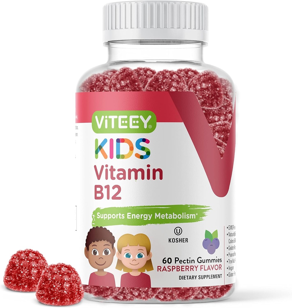 Witamina Viteey B12 dla dzieci Gummies, 1000mcg - Metabolizm, Naturalne wsparcie energetyczne - Wegan, Żelatyna wolna, Gluten wolny, GMO wolny - Smaczne Chewable B12 Malina smakowe Gumy