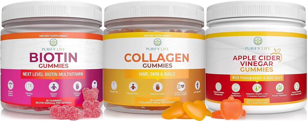 Purify życia Jabłko Cydr Ocet, Kolagen i Biotin Bundle, Gut Zdrowie i trawienie, Gummies dla wzrostu włosów, Zdrowie skóry i paznokci, Wegan, Gluten Free, Non-GMO Wszystkie naturalne suplementy
