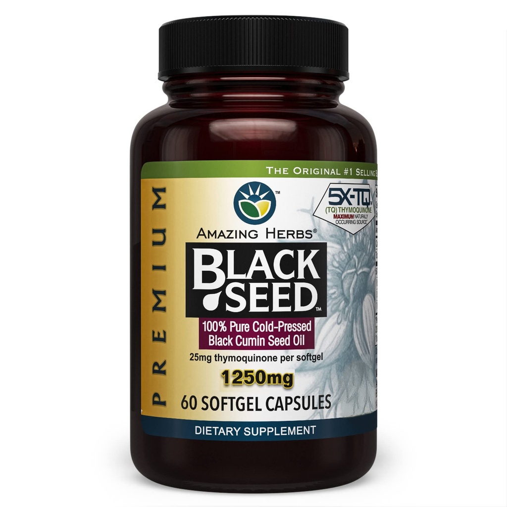 Niesamowite zioła Premium Black Seed Oil Kapsułki - Wysoka potencja, zimno naciskane Nigella Sativa Aid in Digestive Health, Wsparcie immunologiczne i funkcje mózgu - 60 Hrabia, 1250mg
