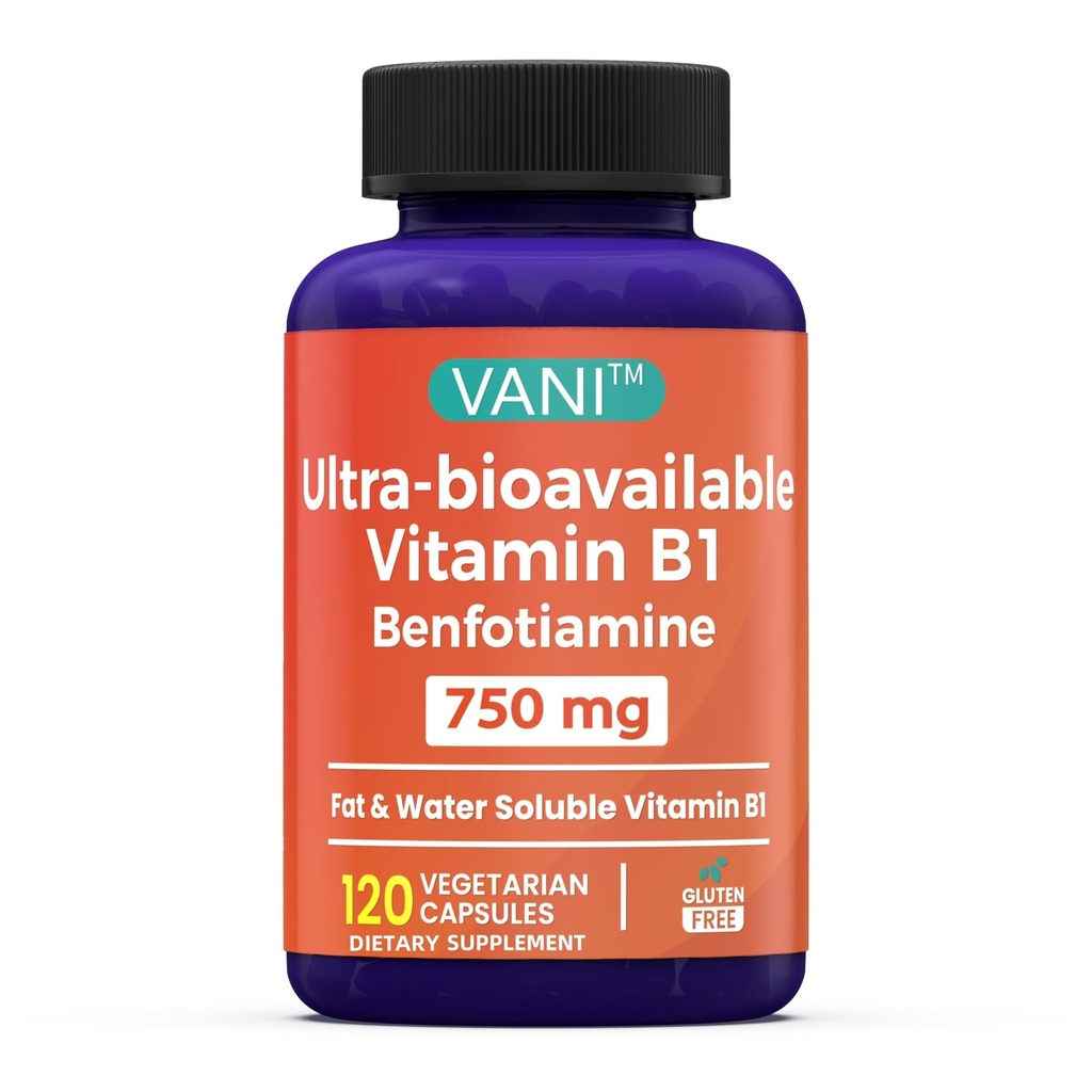 Witamina VANI B1 z 750mg benfotiaminy, 2 w 1 Zwiększona formuła - tłuszcz i woda Rozpuszczalny Tiamina B1 Suplement Agregat 124; 120 Kapsułki Agregat 124; Gluten wolny