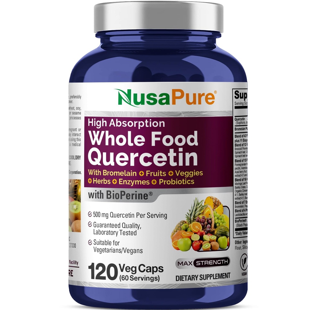 NusaPure Quercetin z Bromelainem 500 mg XI124; 120 Veggie Caps XI124; 43 Fruit Veggie Grain Herbs Enzym Probiotyczny Mieszanka XI124; Non-GMO, Vegan, Bioperine