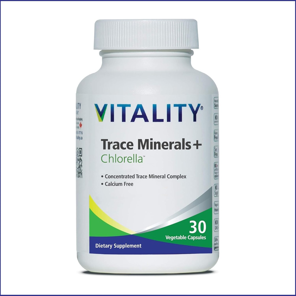 Vitality Trace Minerals + Chlorella - 30 Dni / Capsules- Canadian- Made Full Spectrum Mineral Complex 124; Mangan, Cynk, Selenium & Więcej 124; Wspiera energię i odporność. Vegan, Allergen- Free.