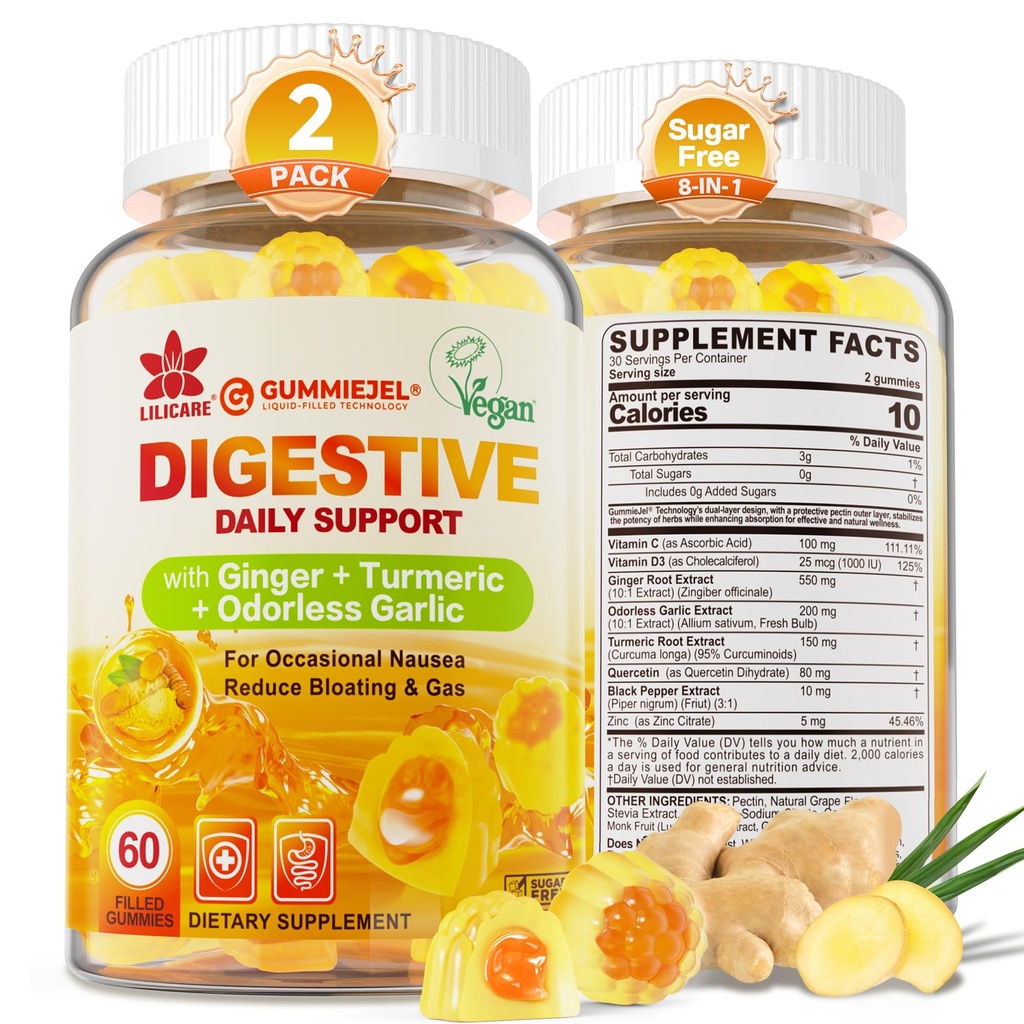Ginger Chews Gummies dla Nudności i Poparcie trawienne, Stomach Relief, Cukier wolny z Turmeric, Czosnek bezogonowy, Quercetin, Witamina D3, Suplementy trawienne dla Okazjonalnych Bloating & Gas, 2Pack
