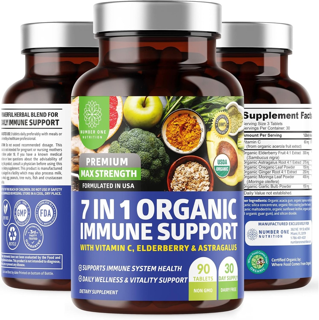 N1N Premium 7 in 1 Immune Supplement Supplement [100% USDA Organic] Daily Immune Boost with Witamina C, Elderberry, Moringa Leaf, Oregano i czosnek dla odporności i odpowiedzi zapalnej, 90 Tablets