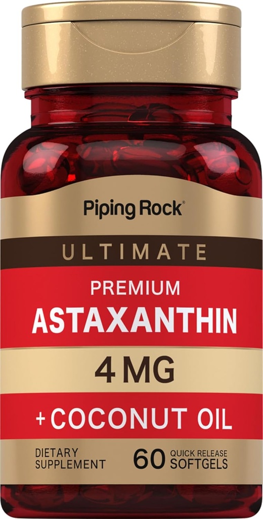 Piping Rock Astaxanthin 4mg gigantyna 124; 60 Softgels gigantyna 124; z oleju kokosowego 124; Algae Extract Supplement Supplement Deposition 124; Non GMO, Gluten Free